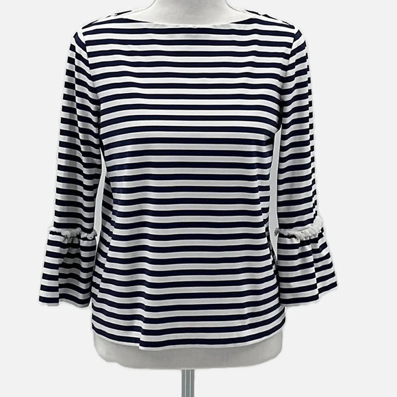 J. McLaughlin Striped Fringed Bell Sleeve Catalina Cloth Top Navy & White - XS - Picture 1 of 6